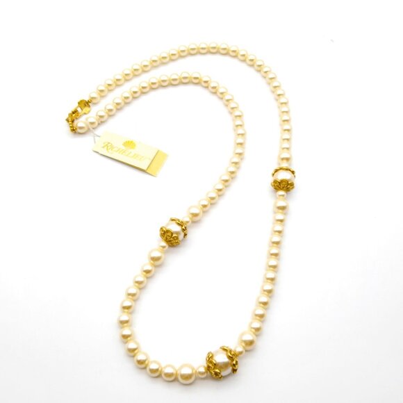 NWT Richelieu Long Pearl Strand Necklace with Gold Tone Caps, Chic Vintage Faux - Picture 1 of 3